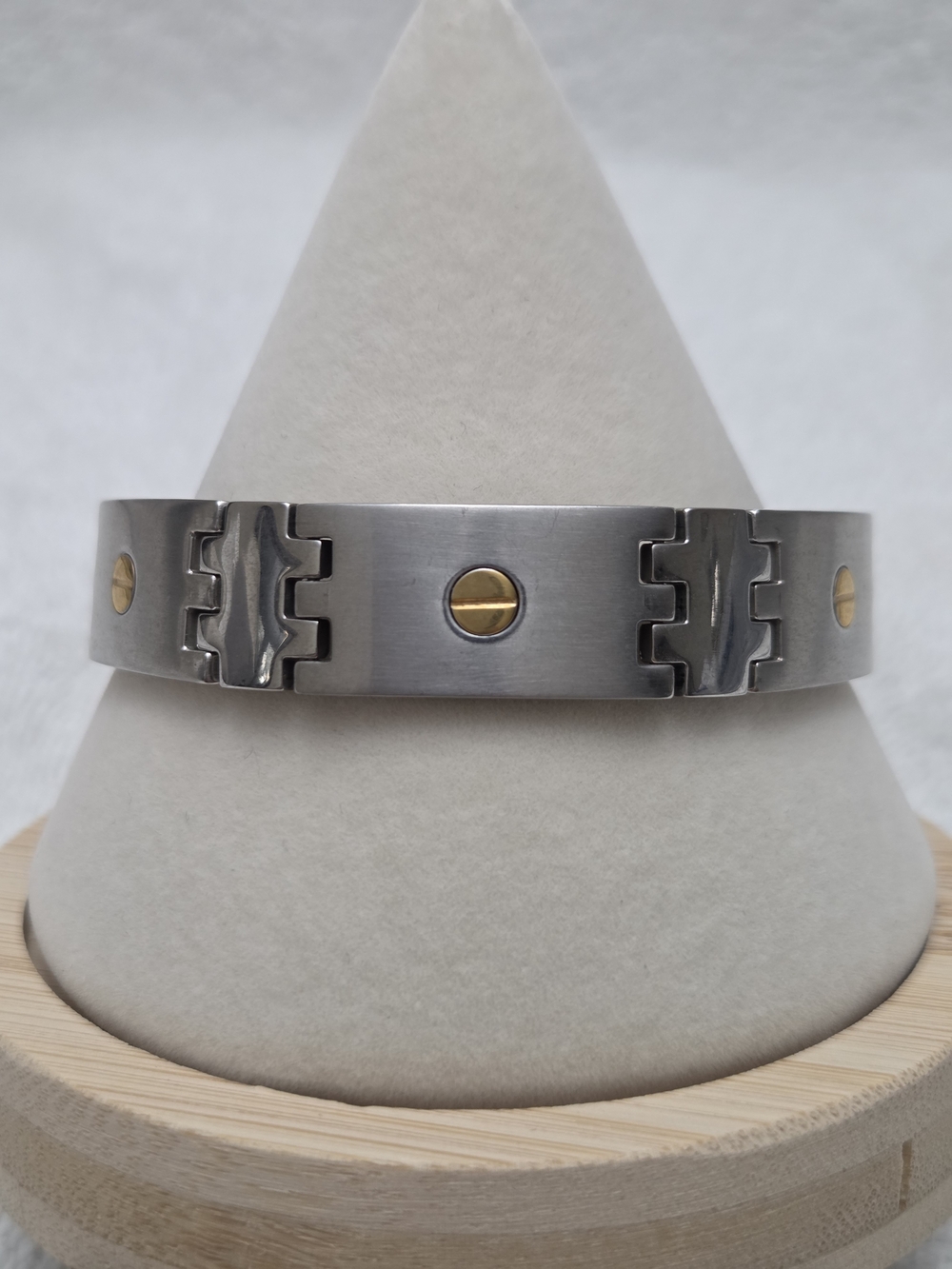 Stainless Steel Men's Hinged Bracelet w/Gold-toned Screw Head Motifs